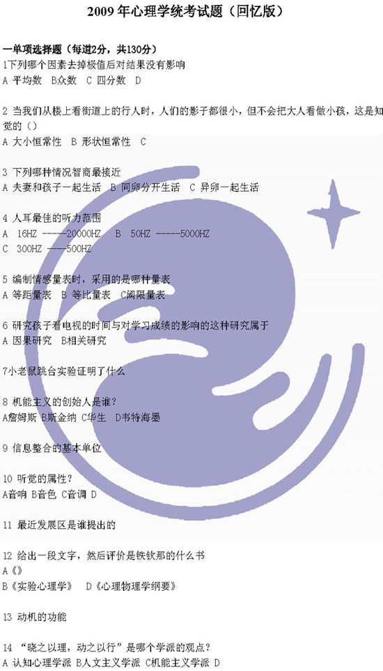 万学海文：2009年半岛在线注册心理学统考试题(回忆版)