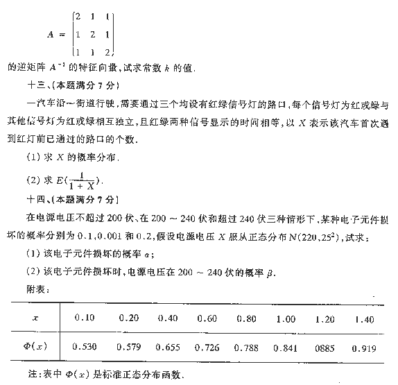 1991年全国硕士研究生入学统一考试数学四试题
